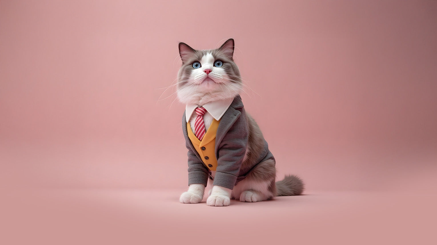 Image of a cat named Mochi wearing a business suit on a peach rose colored background looking front up