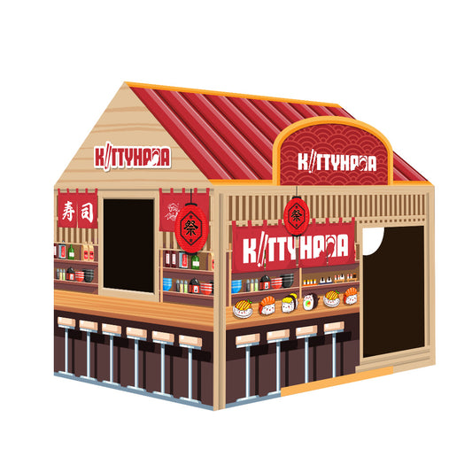 Three-quarter view of a small cardboard playhouse designed like a convenience store. It has a red sloped roof, tan and red walls with printed signs reading 'STORE', display shelves, and two open doorways.