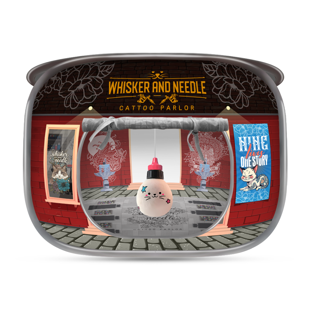 Front view of a collapsible cat house with a red and gray design, cartoon-style illustrations, mesh windows, and a sign reading 'Coffee House' on top.