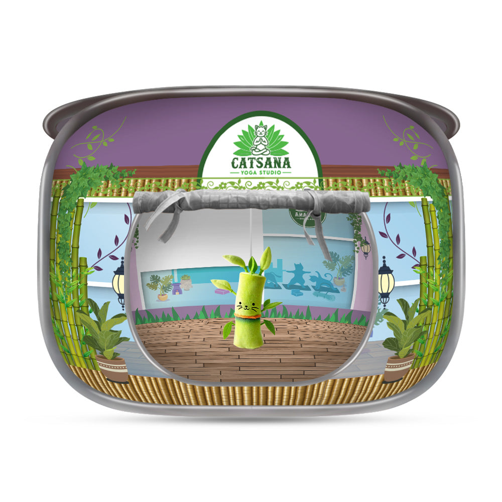 Front view of a garden-themed purple cat house with green plants and a logo on top.