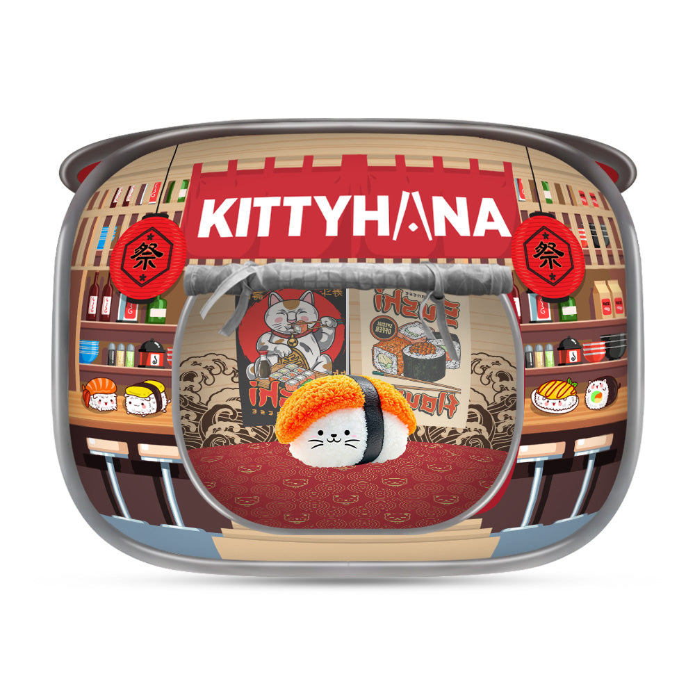 Rounded pop-up cat playhouse styled like a burger fast-food shop. The front has a red sign reading 'KITTY IN' with burger images below it and illustrated shelves on the sides stocked with cartoon food items