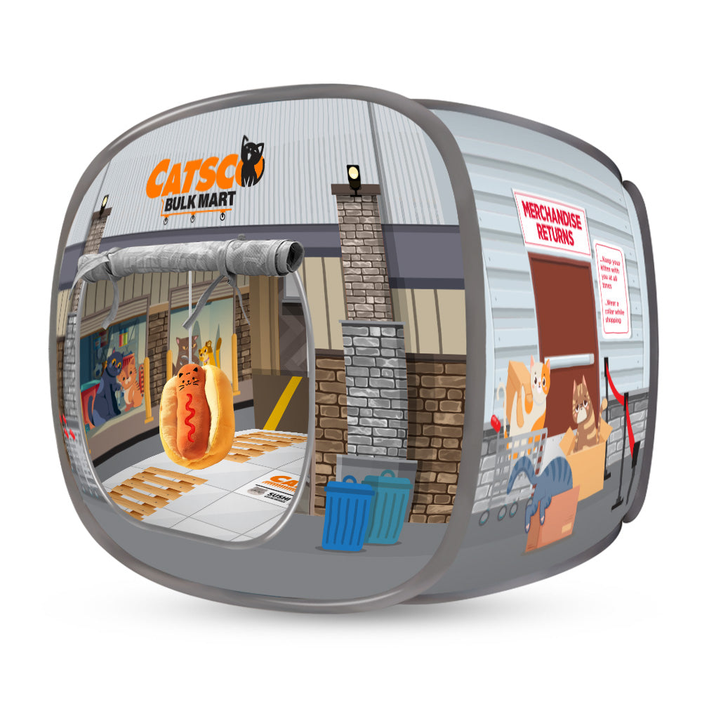 Catsco Bulk Mart pop-up cardboard cat house with hot dog toy and store graphics.