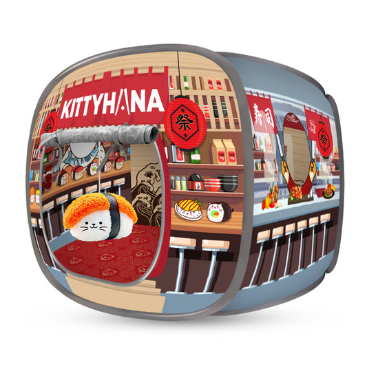 Rounded pop-up cat house styled as a festive red and beige Asian street food stall. The structure has a graphic of a shop window with lanterns, hanging signs, and illustrated food displays. A large opening is visible for the cat to enter.