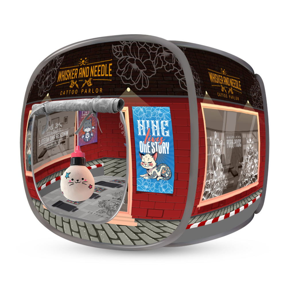 A collapsible cat house with a red and gray design, decorated with cartoon graphics and labeled sections, displayed fully set up.