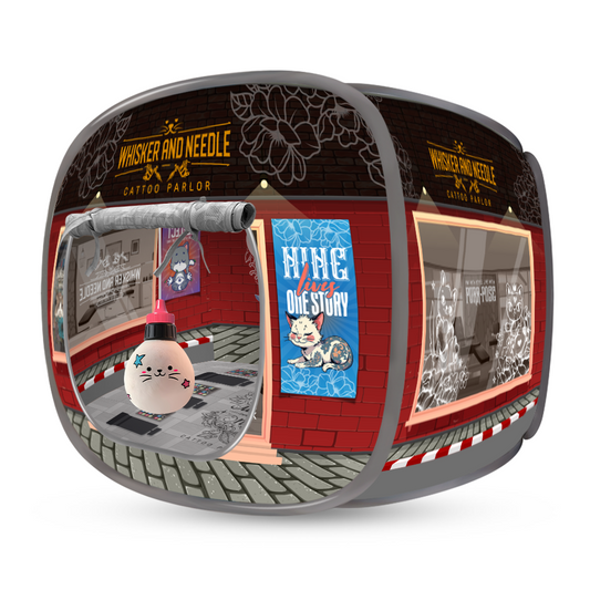 A collapsible cat house with a red and gray design, decorated with cartoon graphics and labeled sections, displayed fully set up.