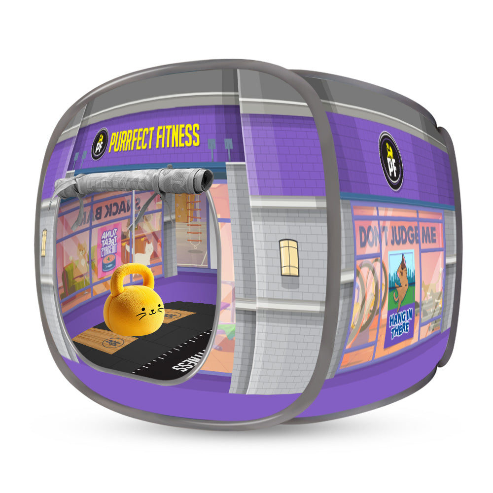 A portable cat tent in purple and gray colors featuring mesh windows and illustrated panels with playful cat designs, shown set up with a cozy interior where a yellow cat lounges.