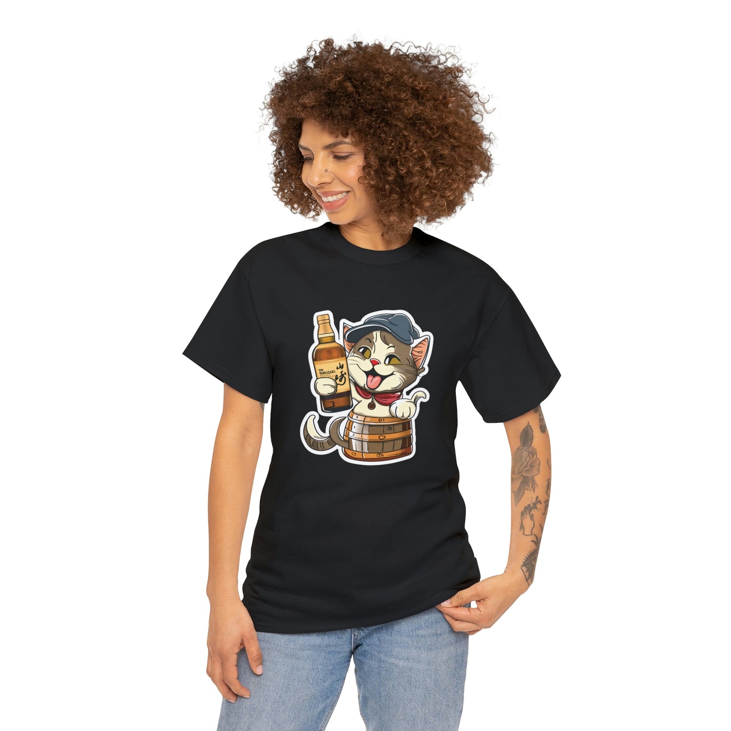 Cat in a Barrel and Yamazaki Whisky - Unisex Heavy Cotton Tee - Black