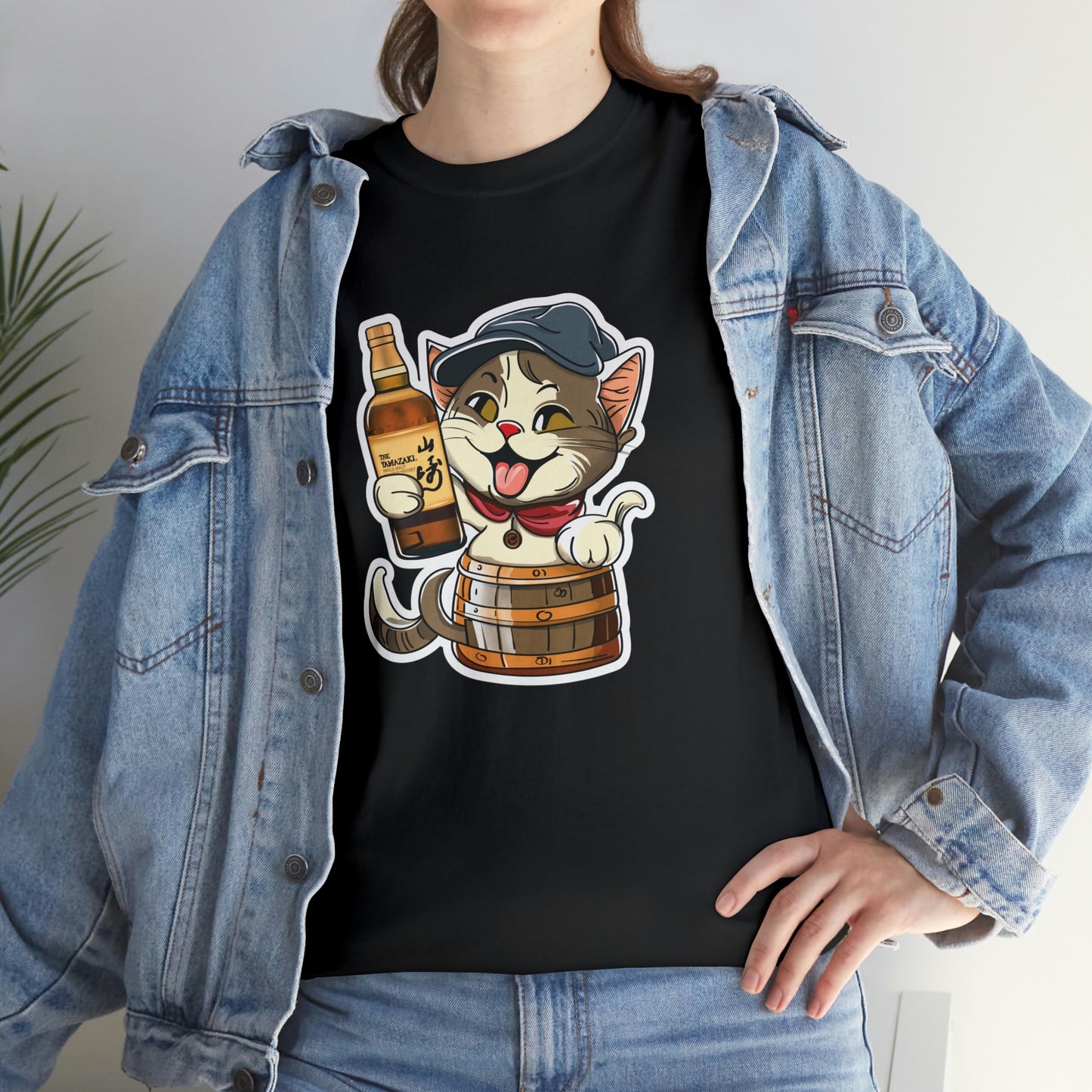 Cat in a Barrel and Yamazaki Whisky - Unisex Heavy Cotton Tee - Black