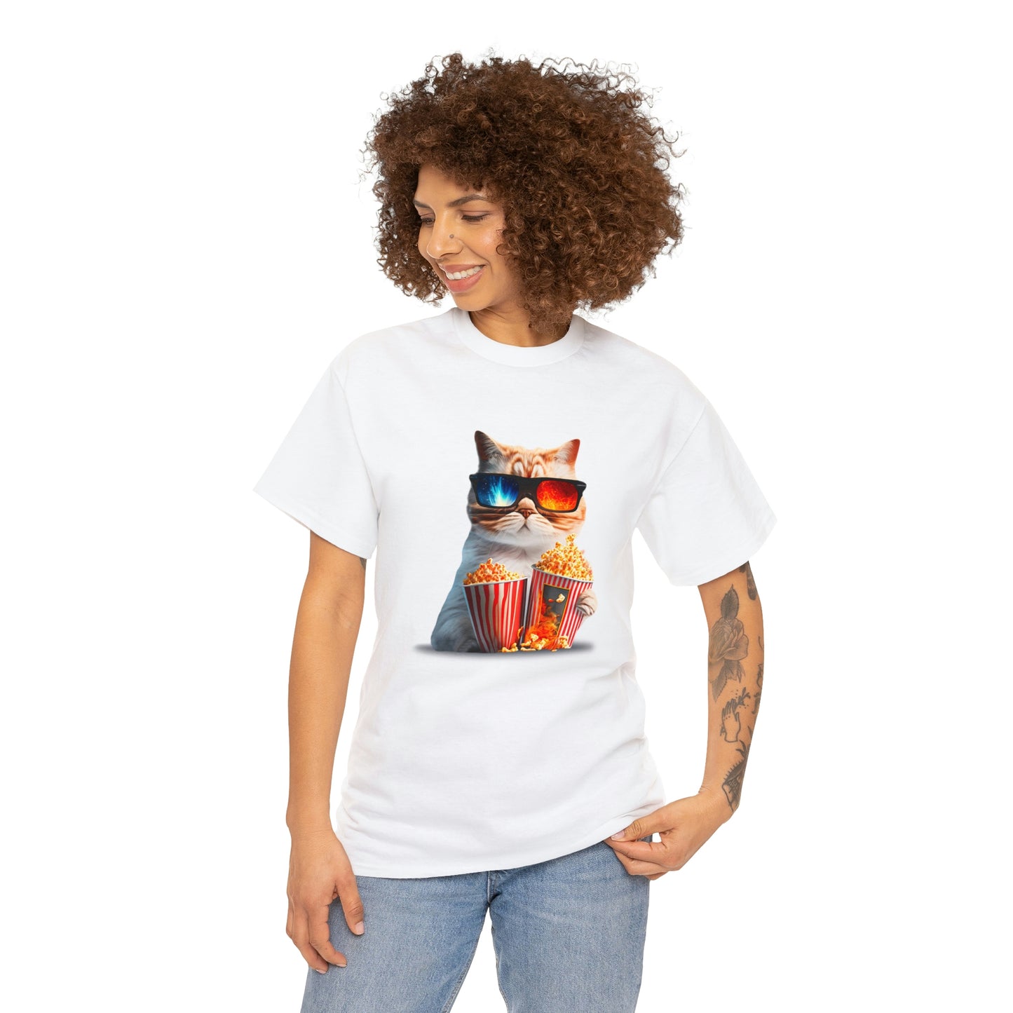 Movie Watching Cat With Popcorn - Unisex Heavy Cotton Tee - White