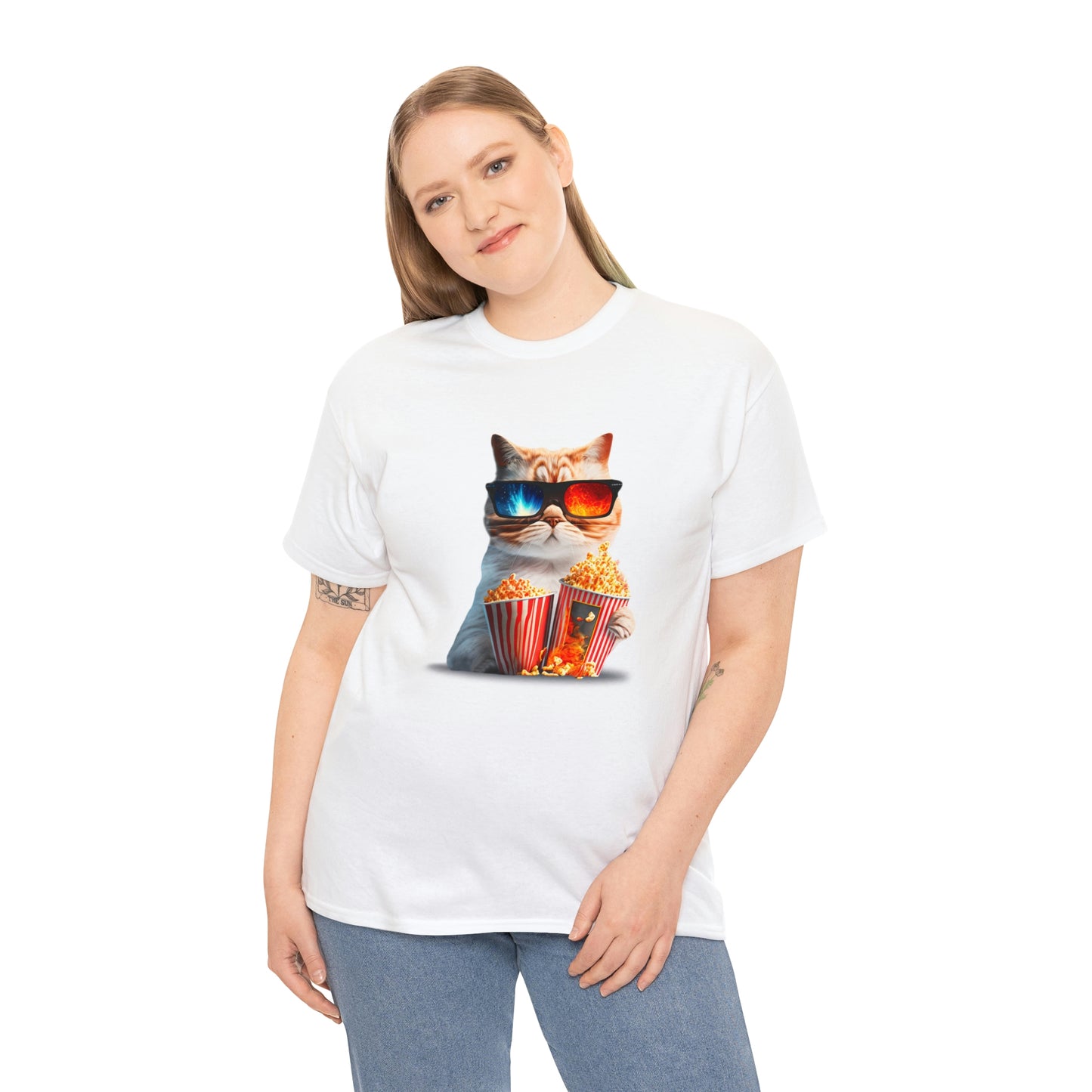 Movie Watching Cat With Popcorn - Unisex Heavy Cotton Tee - White