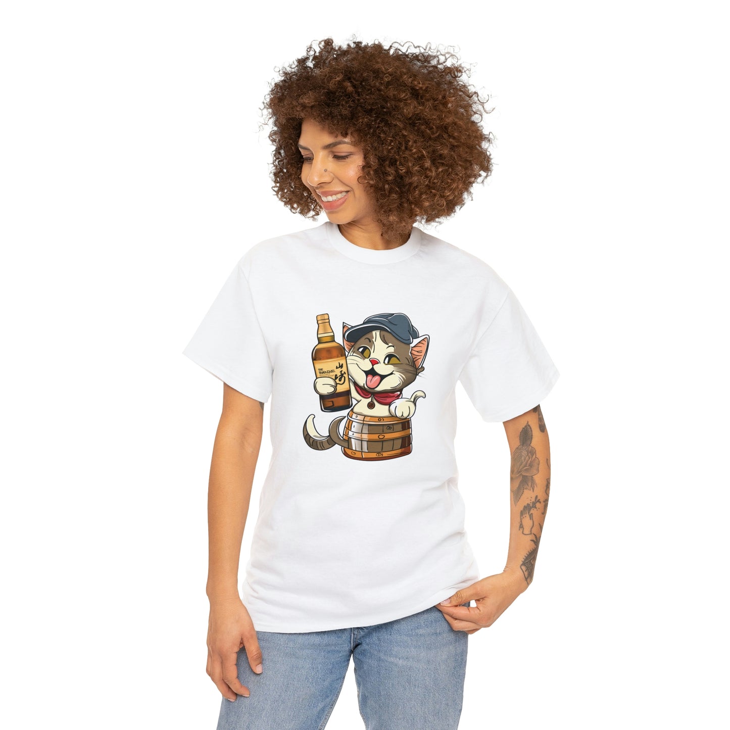 Cat in a Barrel and Yamazaki Whisky - Unisex Heavy Cotton Tee - White