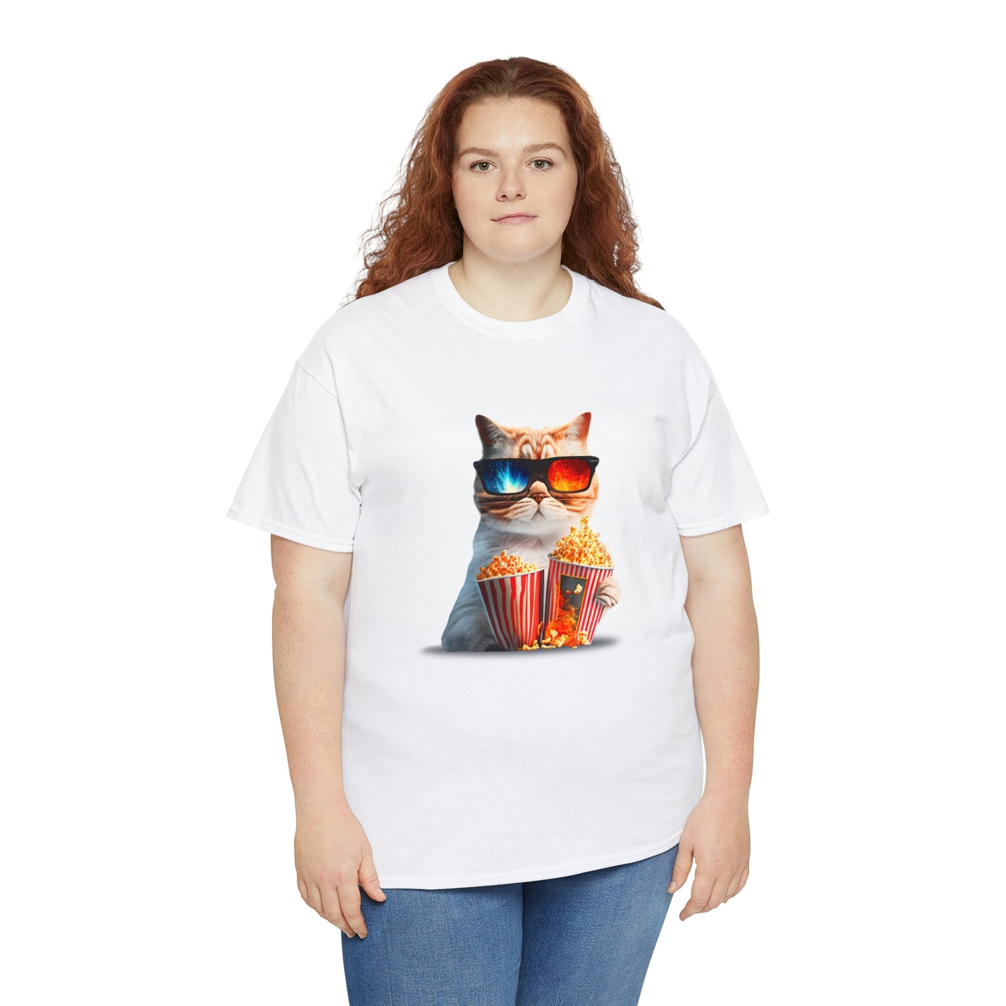 Movie Watching Cat With Popcorn - Unisex Heavy Cotton Tee - White