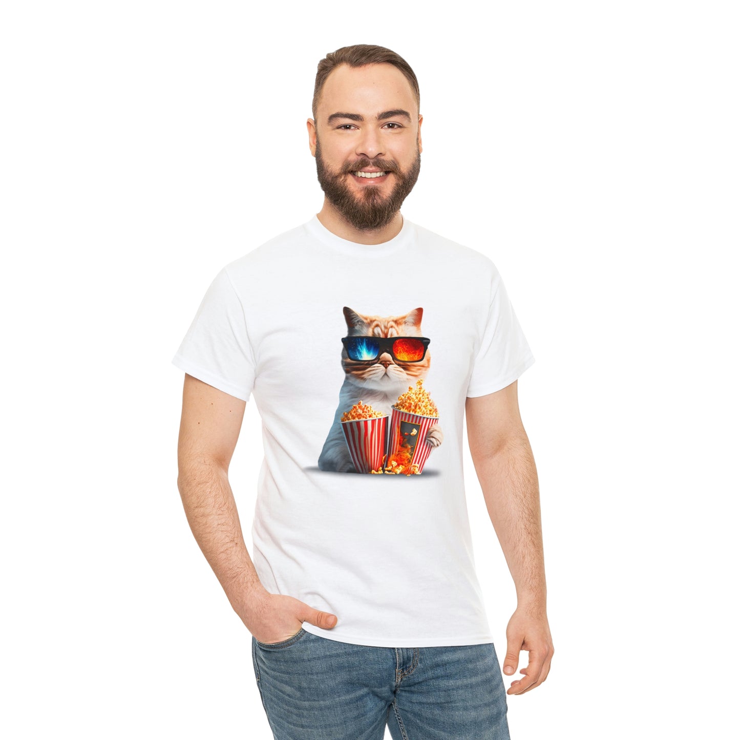 Movie Watching Cat With Popcorn - Unisex Heavy Cotton Tee - White