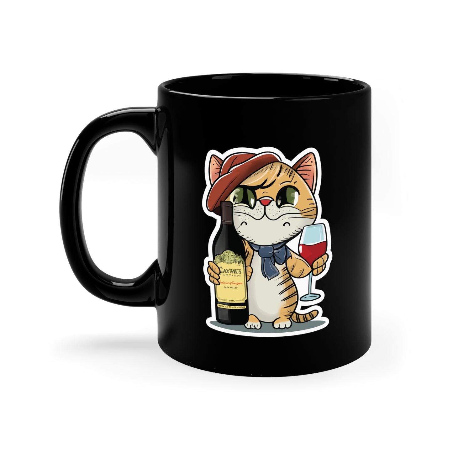 Cat and Caymus Wine - Ceramic Mug 11oz - Black