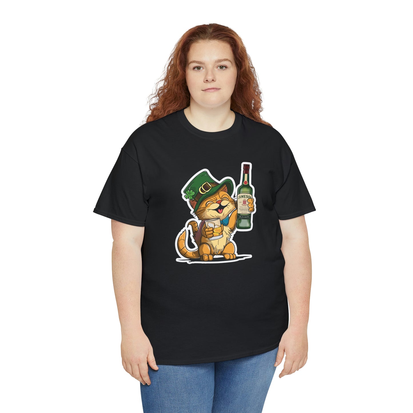 Cat and Jameson Whisky - Unisex Heavy Cotton Tee - Black