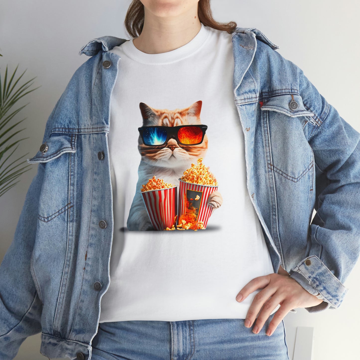 Movie Watching Cat With Popcorn - Unisex Heavy Cotton Tee - White