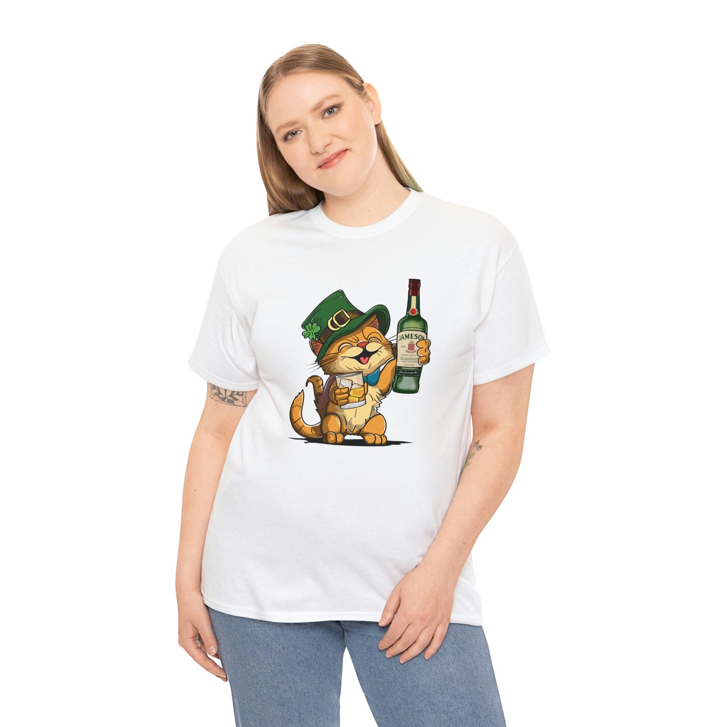 Cat and Jameson Whisky - Unisex Heavy Cotton Tee - White