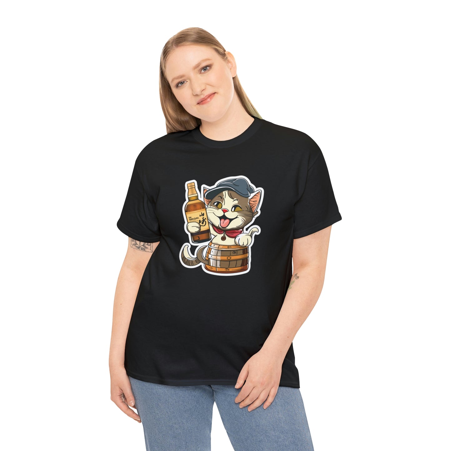 Cat in a Barrel and Yamazaki Whisky - Unisex Heavy Cotton Tee - Black