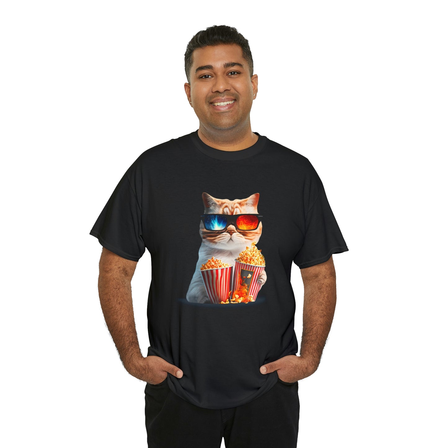 Movie Watching Cat With Popcorn - Unisex Heavy Cotton Tee - Black