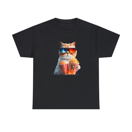 Movie Watching Cat With Popcorn - Unisex Heavy Cotton Tee - Black