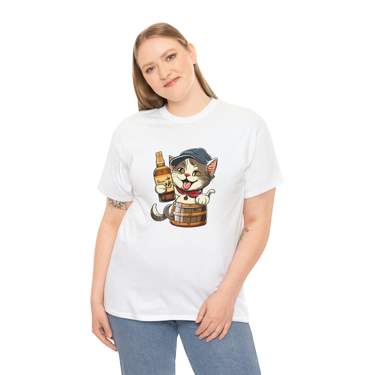 Cat in a Barrel and Yamazaki Whisky - Unisex Heavy Cotton Tee - White