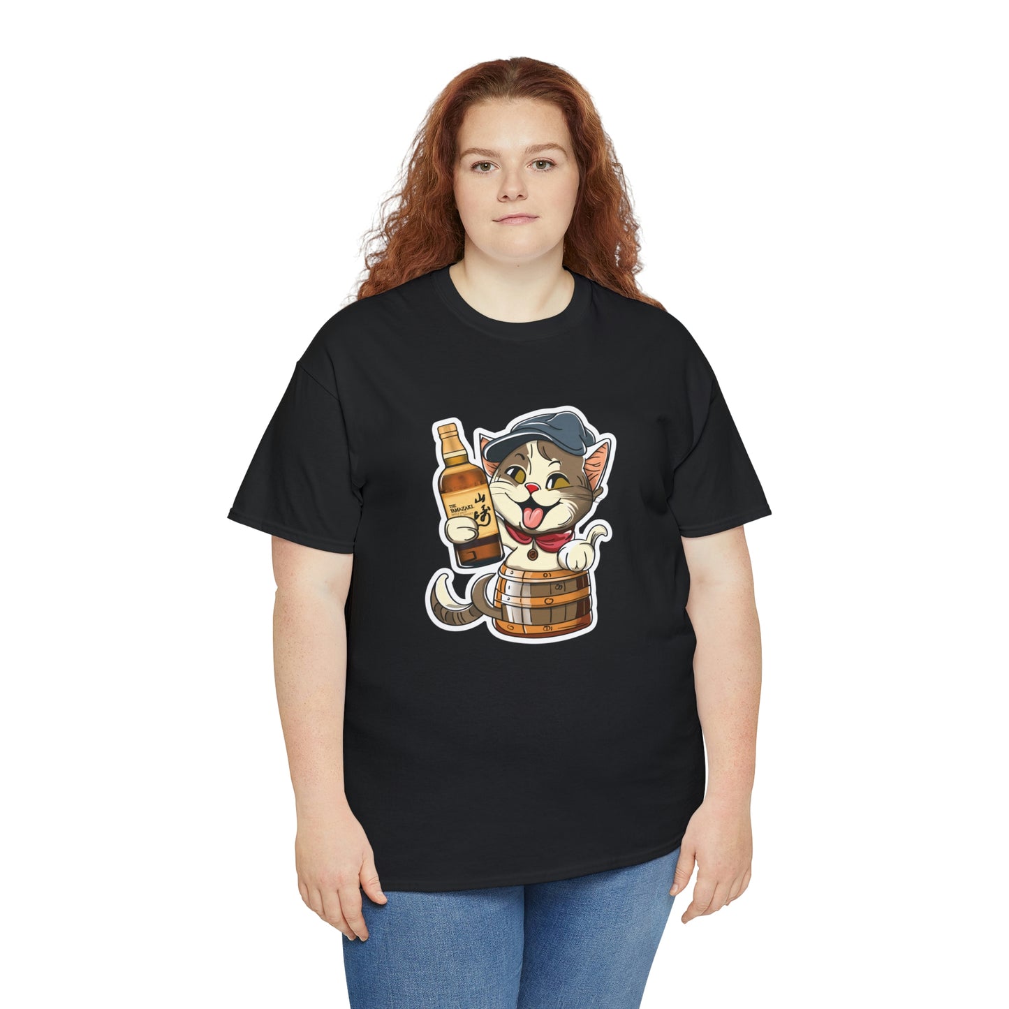 Cat in a Barrel and Yamazaki Whisky - Unisex Heavy Cotton Tee - Black