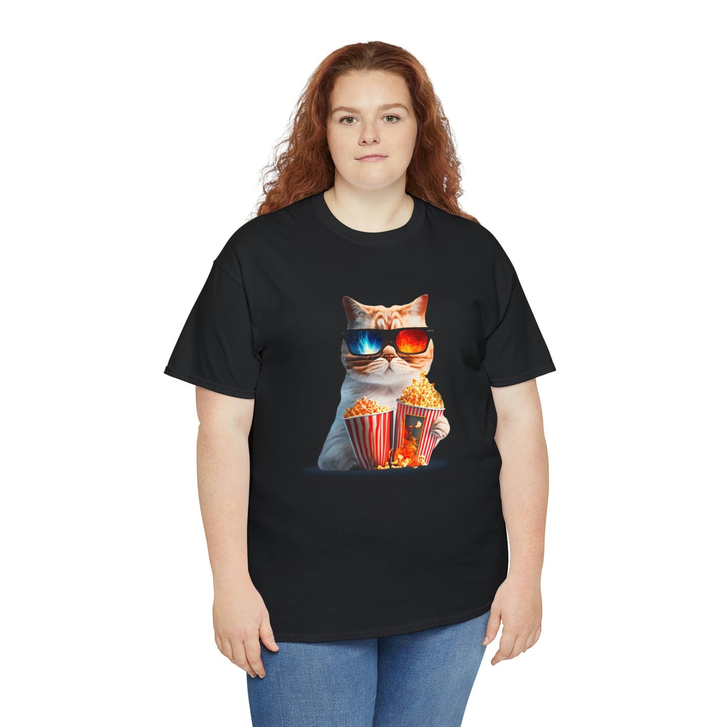 Movie Watching Cat With Popcorn - Unisex Heavy Cotton Tee - Black