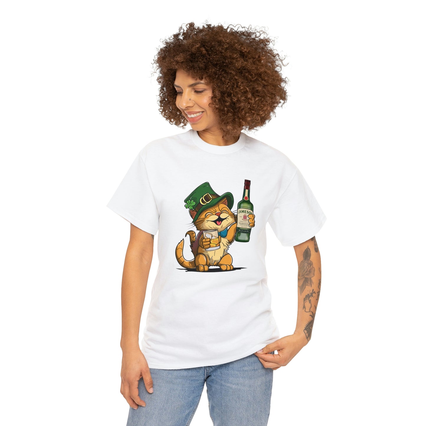 Cat and Jameson Whisky - Unisex Heavy Cotton Tee - White