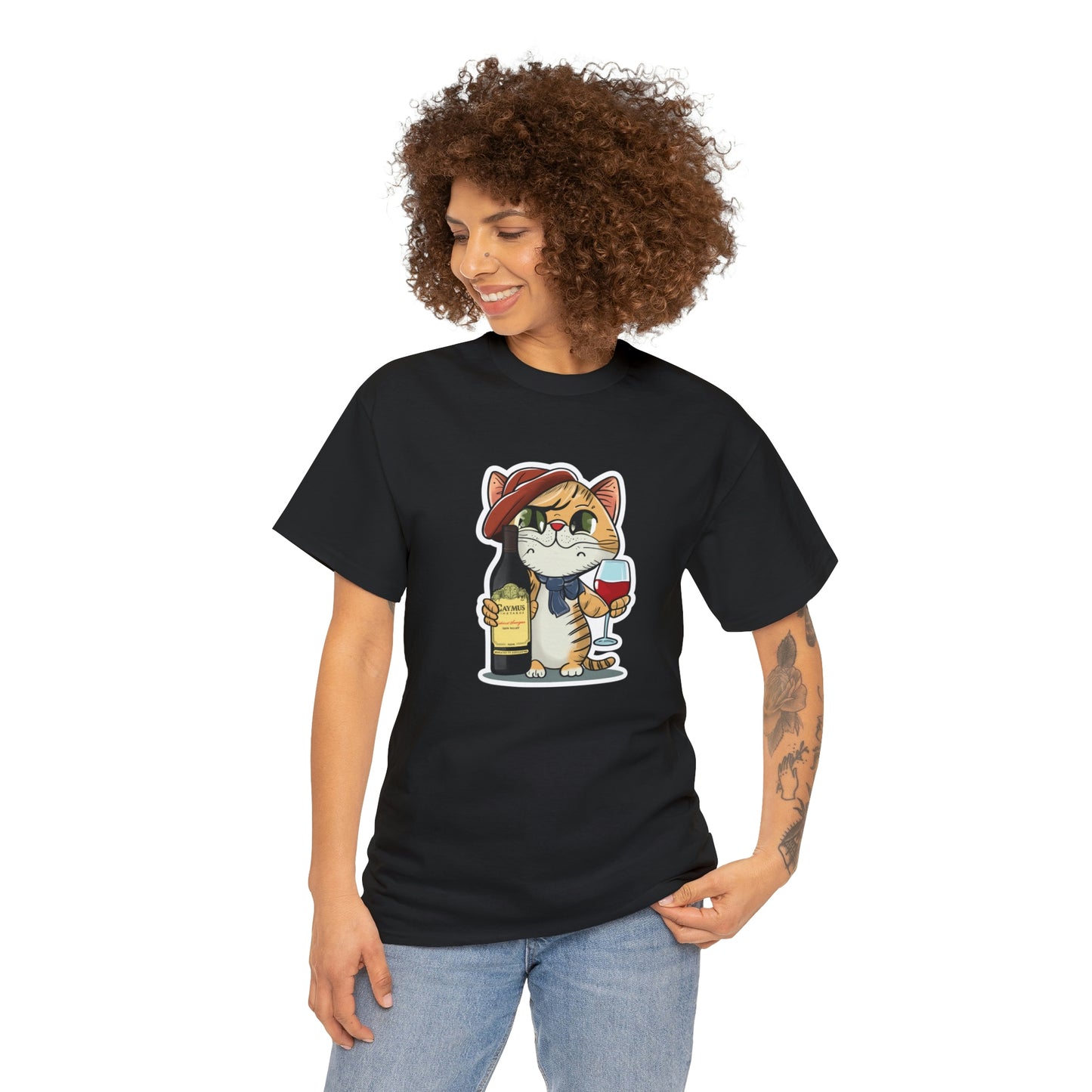 Cat and Caymus Wine - Unisex Heavy Cotton Tee - Black