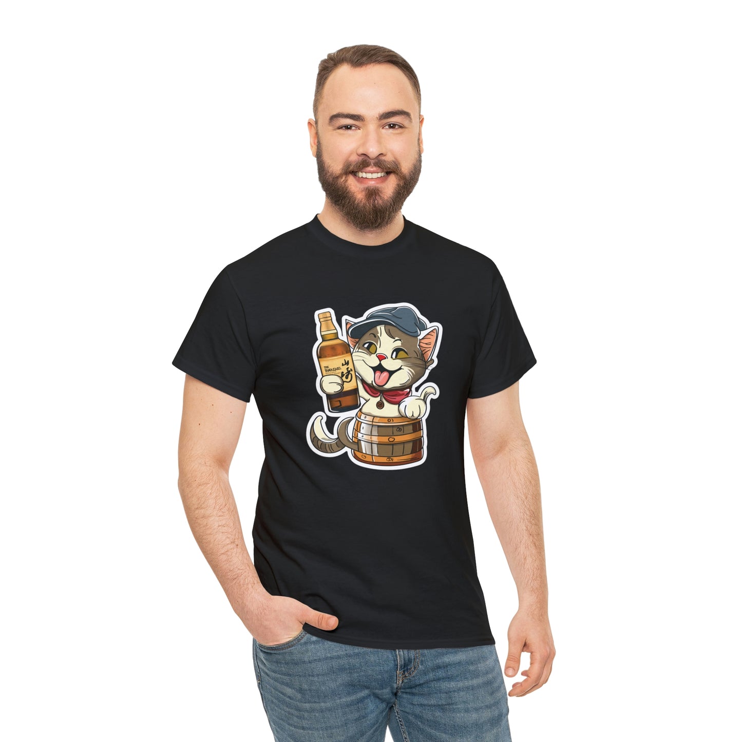 Cat in a Barrel and Yamazaki Whisky - Unisex Heavy Cotton Tee - Black