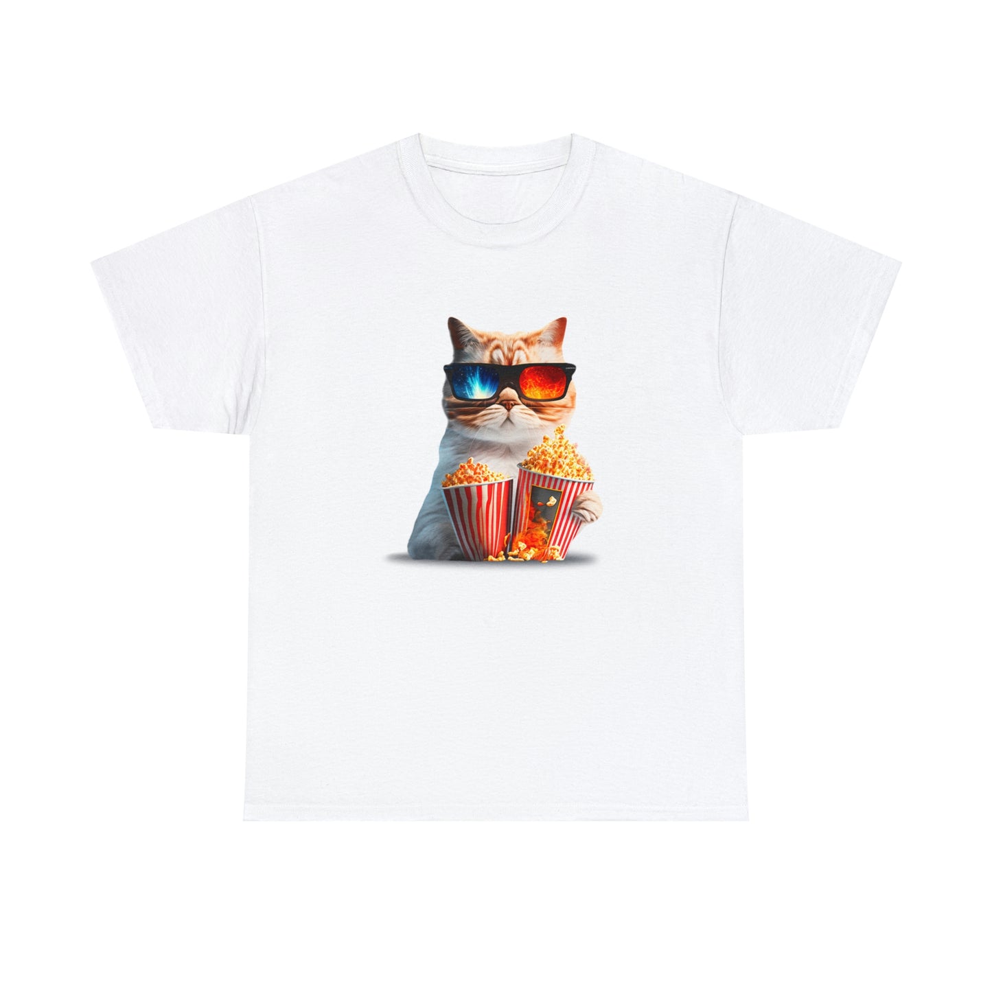 Movie Watching Cat With Popcorn - Unisex Heavy Cotton Tee - White