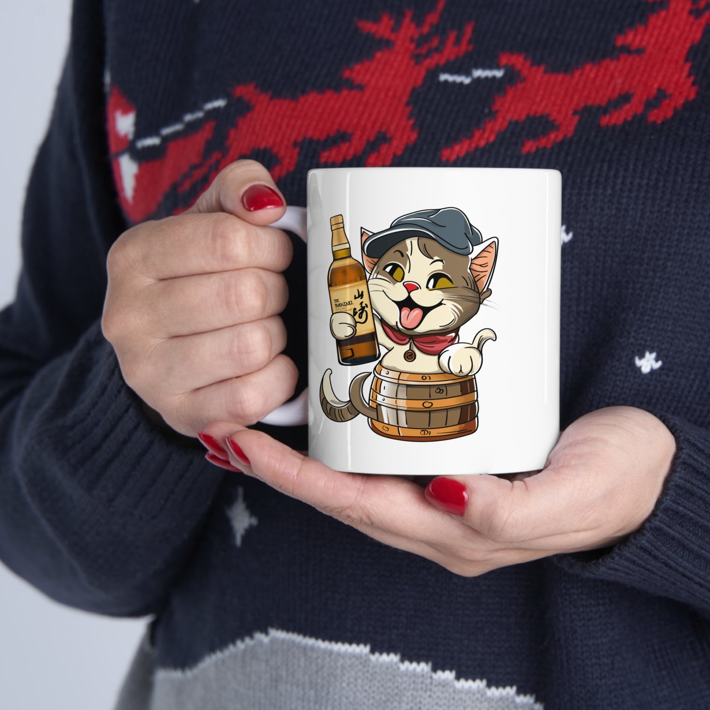 Cat in a Barrel and Yamazaki Whisky - Ceramic Mug 11oz - White