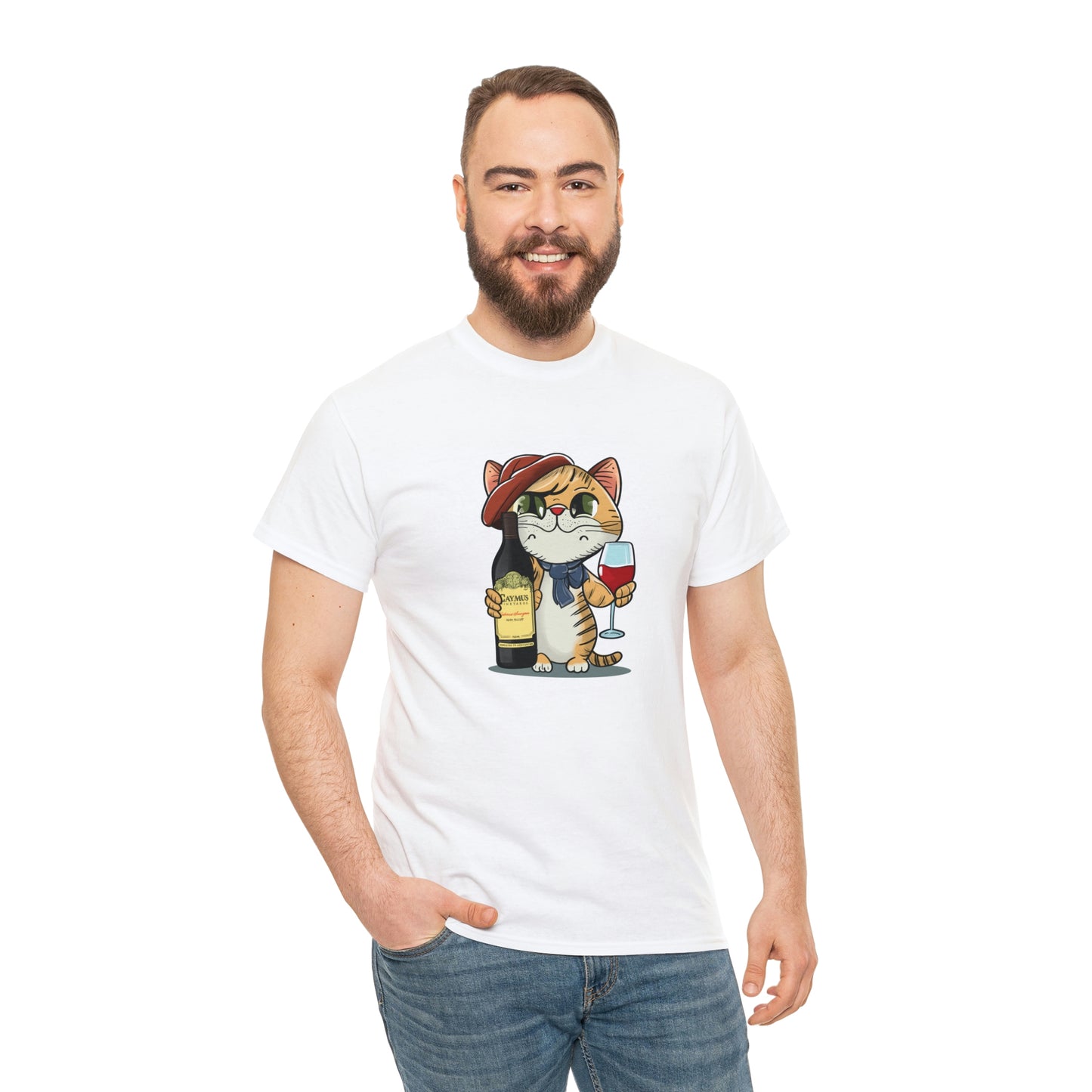 Cat and Caymus Wine - Unisex Heavy Cotton Tee - White