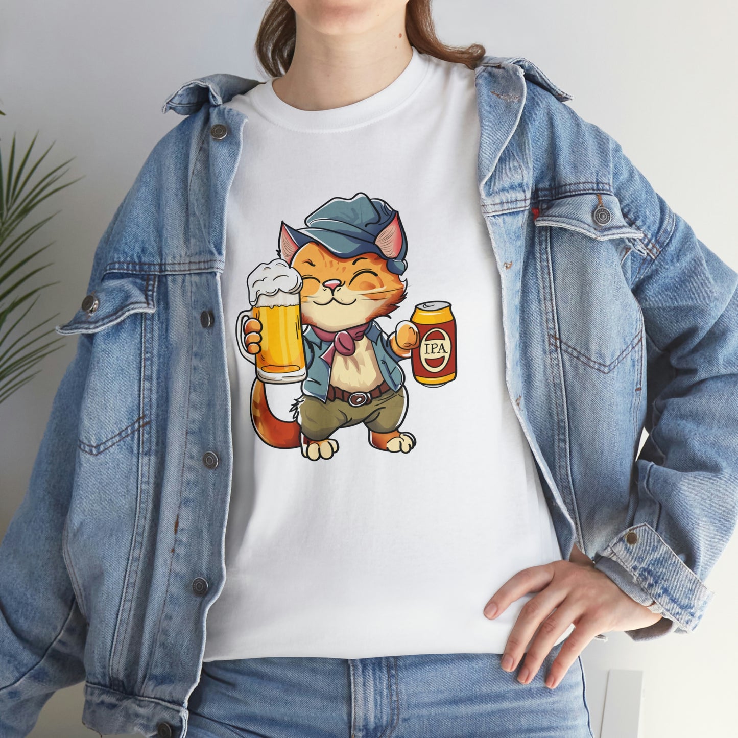 Cat and IPA Beer - Unisex Heavy Cotton Tee - White