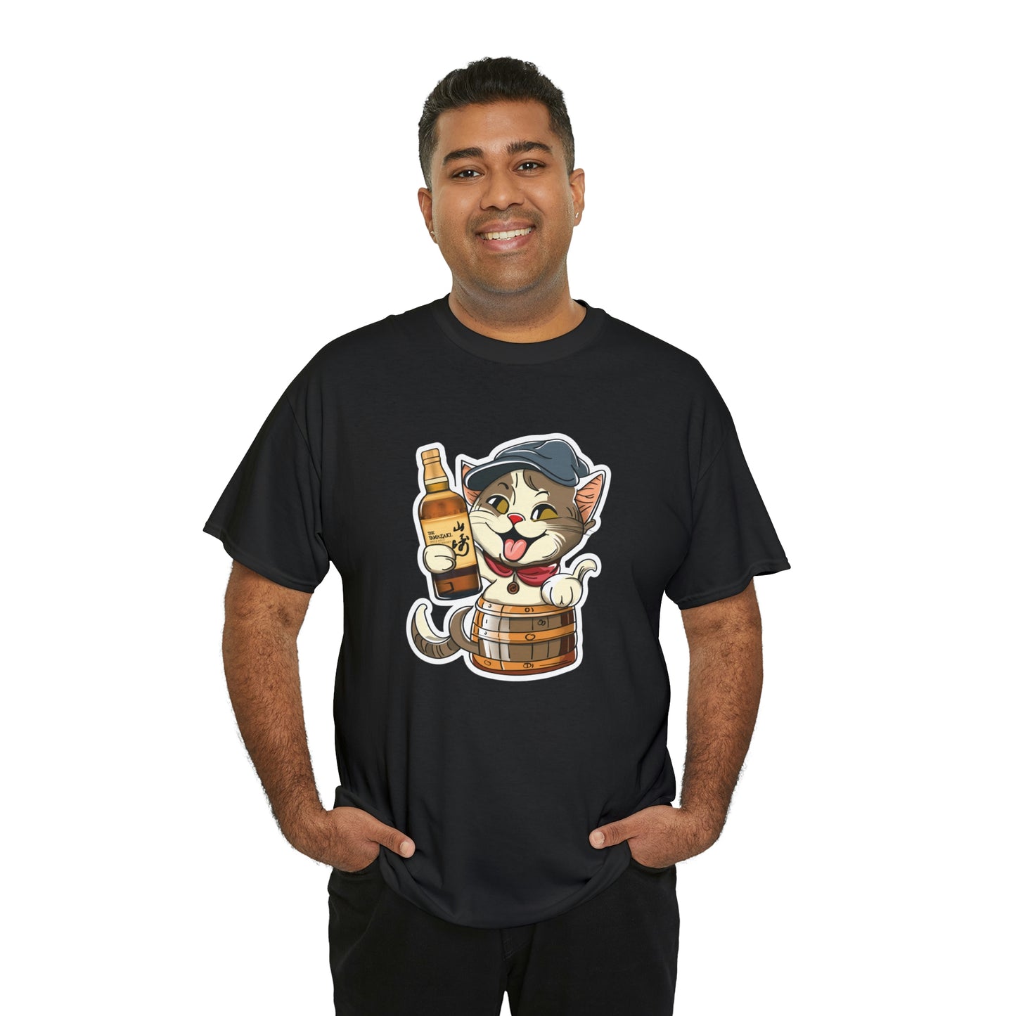 Cat in a Barrel and Yamazaki Whisky - Unisex Heavy Cotton Tee - Black