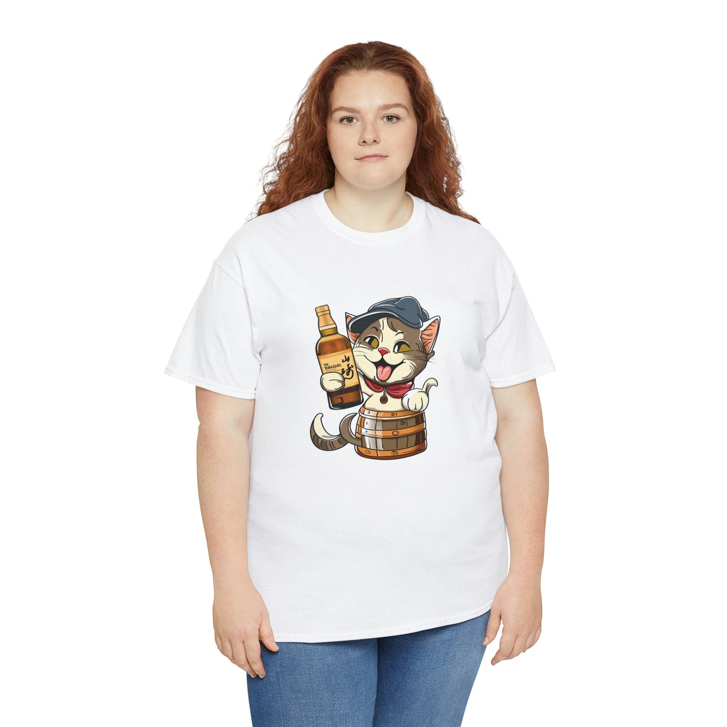 Cat in a Barrel and Yamazaki Whisky - Unisex Heavy Cotton Tee - White