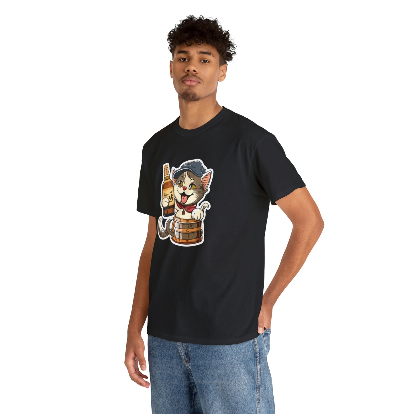 Cat in a Barrel and Yamazaki Whisky - Unisex Heavy Cotton Tee - Black