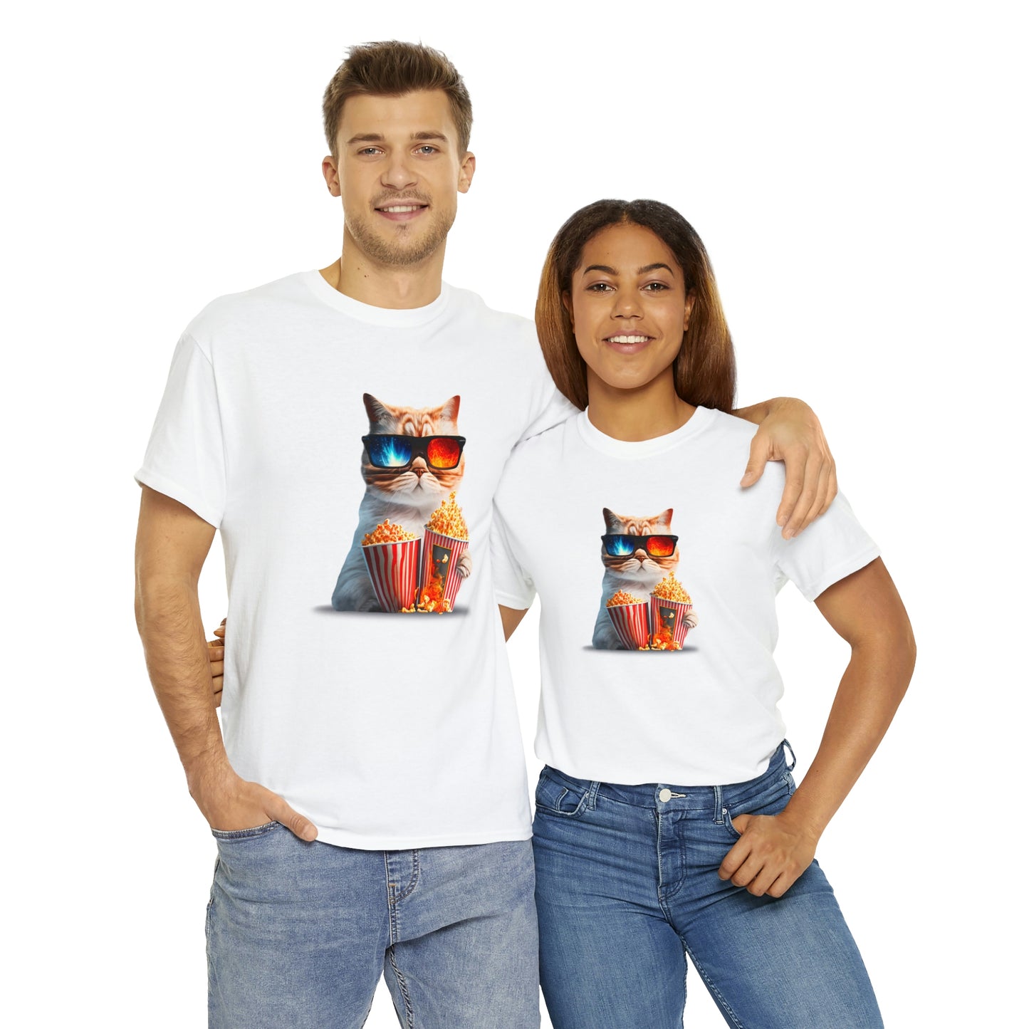 Movie Watching Cat With Popcorn - Unisex Heavy Cotton Tee - White