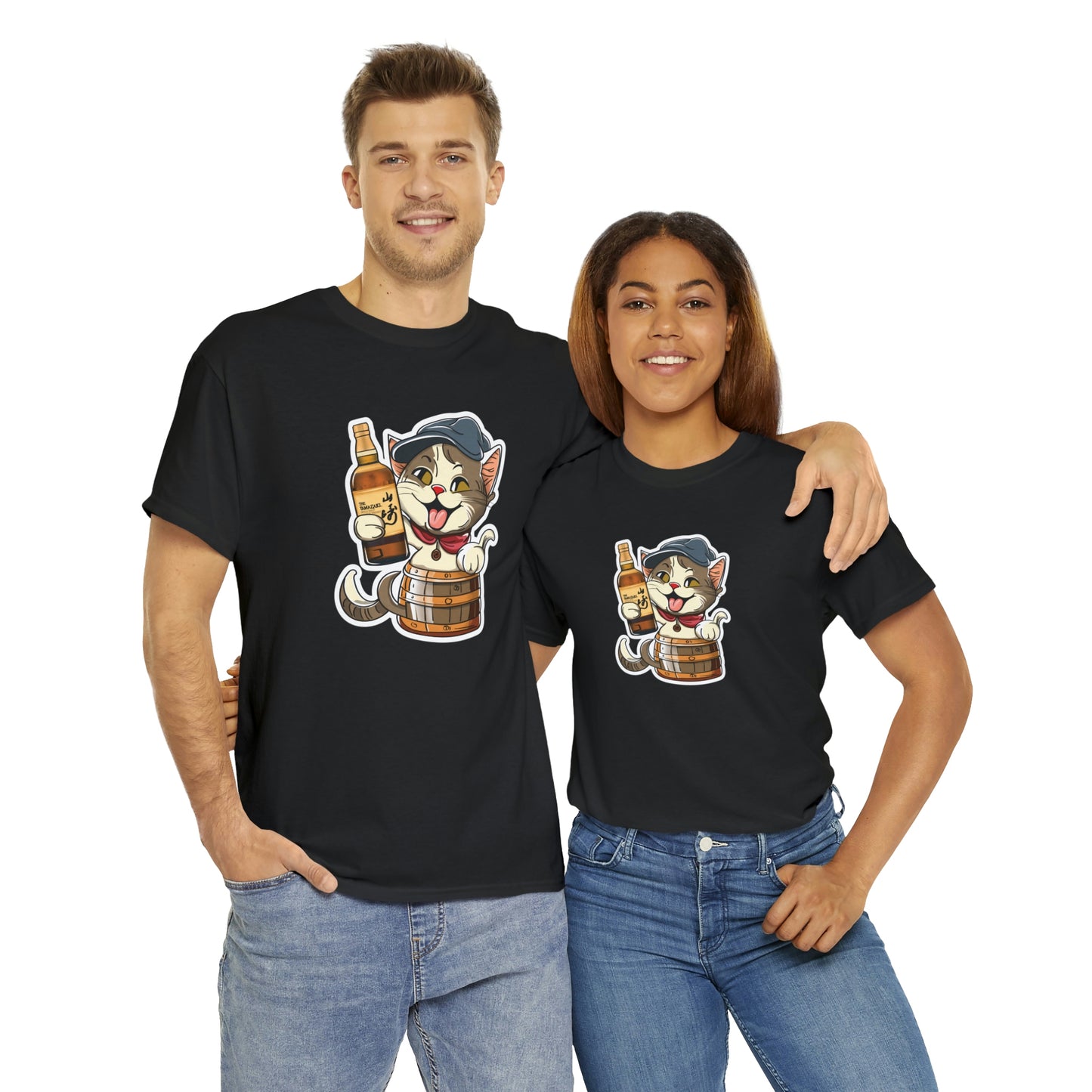 Cat in a Barrel and Yamazaki Whisky - Unisex Heavy Cotton Tee - Black