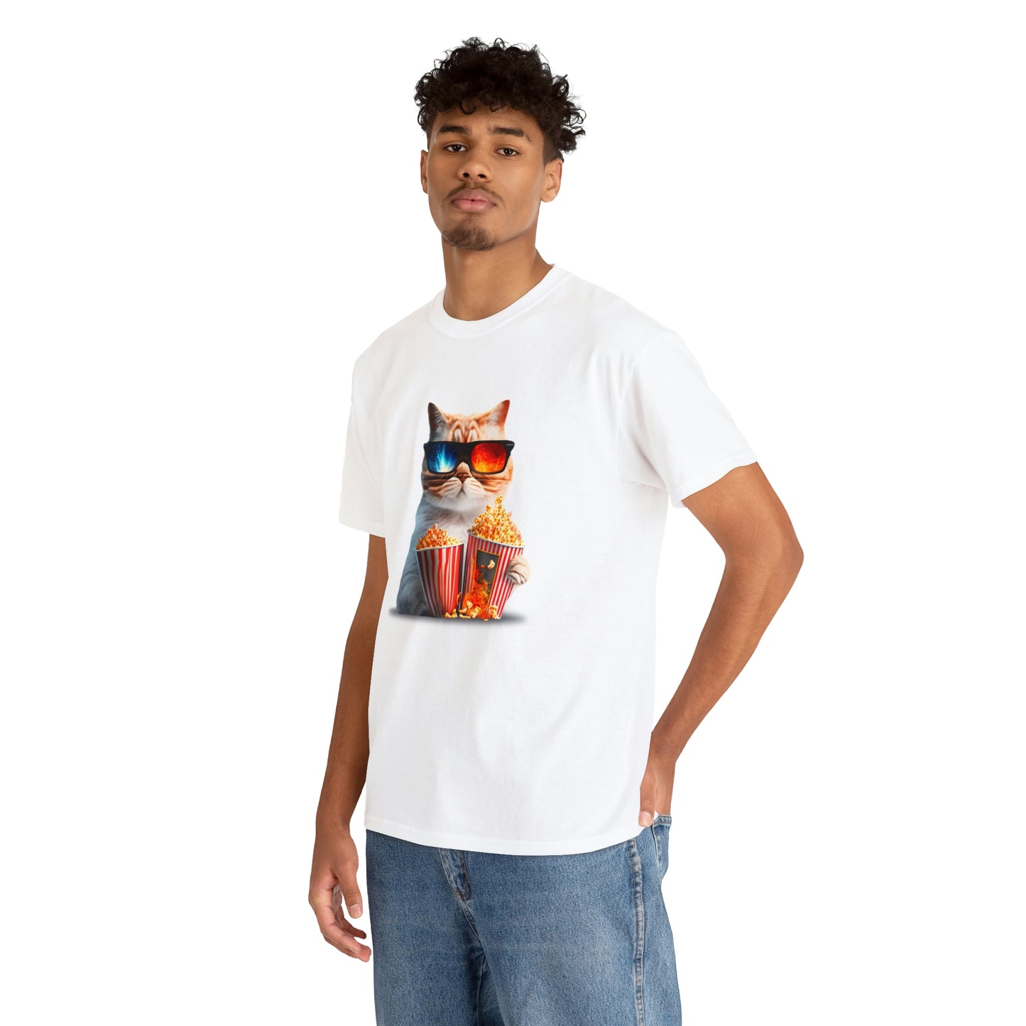 Movie Watching Cat With Popcorn - Unisex Heavy Cotton Tee - White