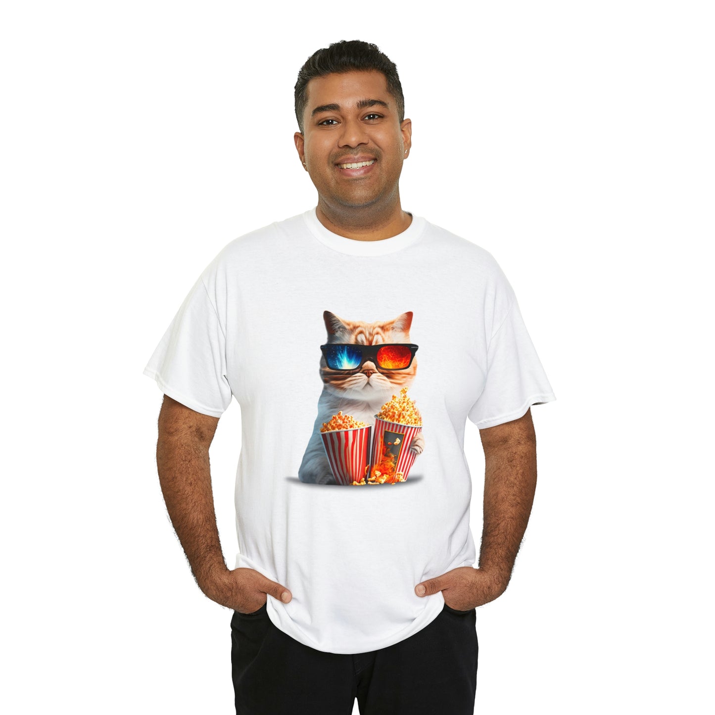 Movie Watching Cat With Popcorn - Unisex Heavy Cotton Tee - White