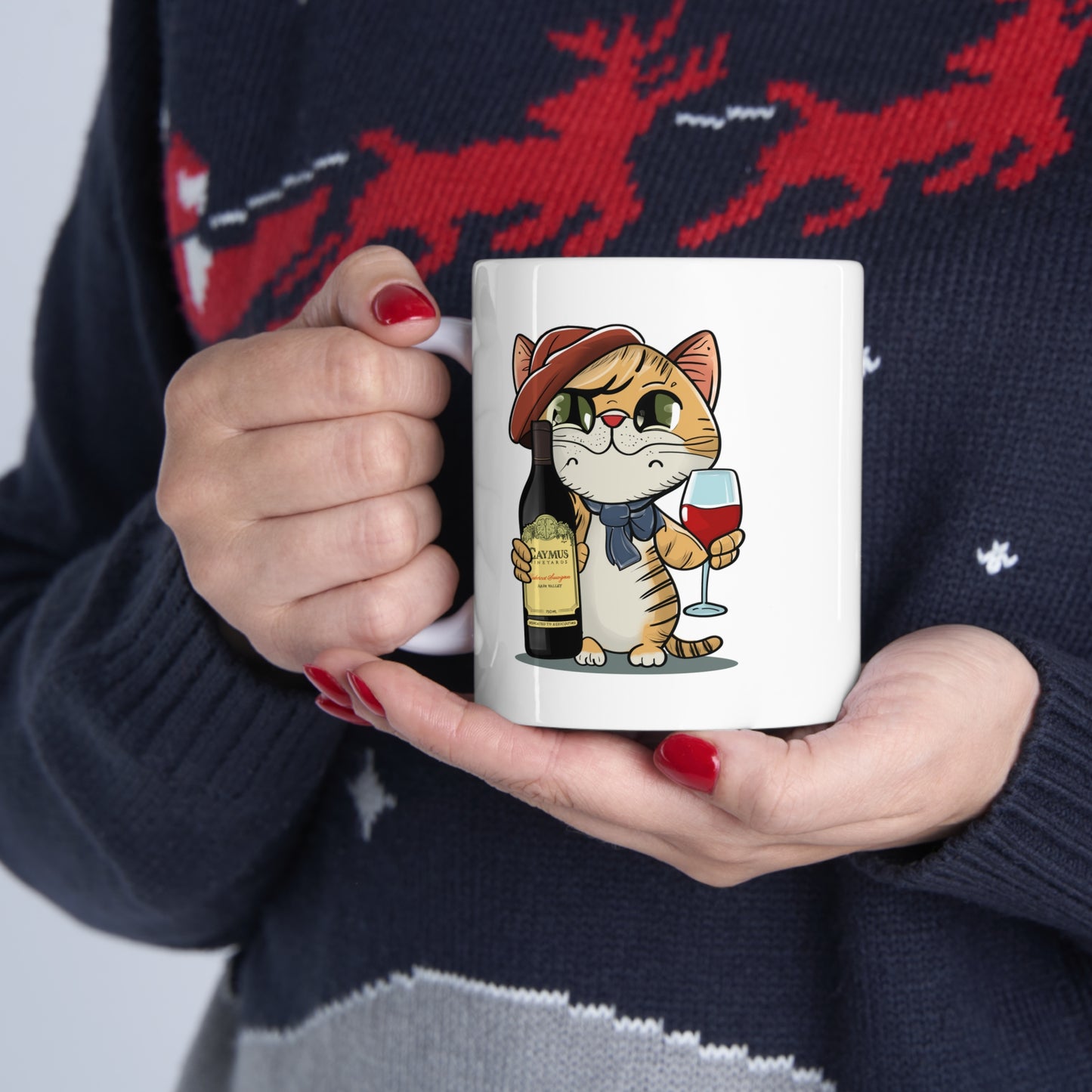 Cat and Caymus Wine - Ceramic Mug 11oz - White