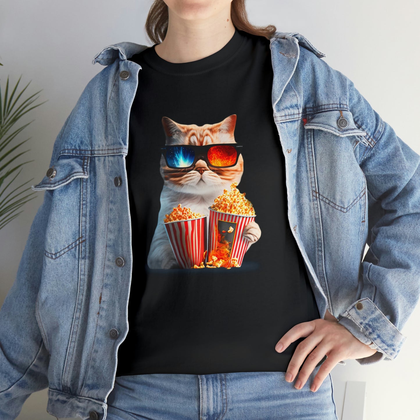 Movie Watching Cat With Popcorn - Unisex Heavy Cotton Tee - Black