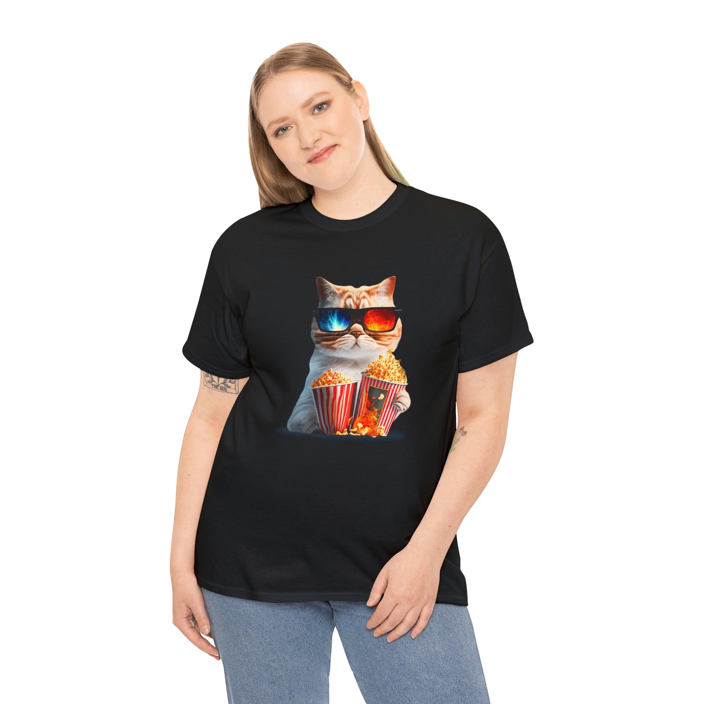 Movie Watching Cat With Popcorn - Unisex Heavy Cotton Tee - Black