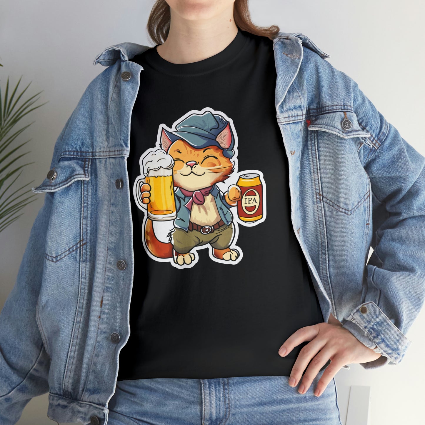 Cat and IPA Beer - Unisex Heavy Cotton Tee - Black