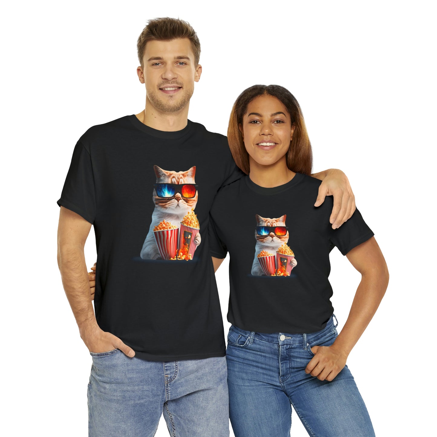 Movie Watching Cat With Popcorn - Unisex Heavy Cotton Tee - Black