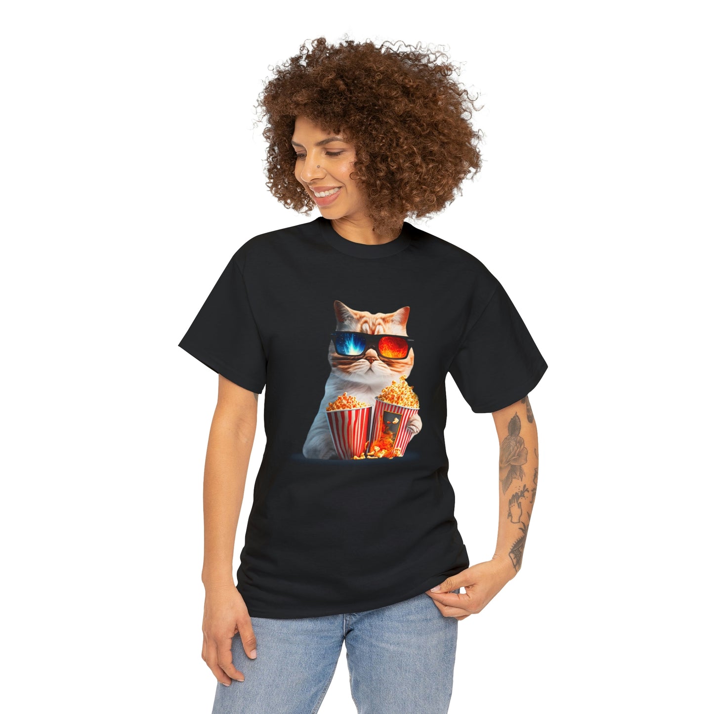 Movie Watching Cat With Popcorn - Unisex Heavy Cotton Tee - Black