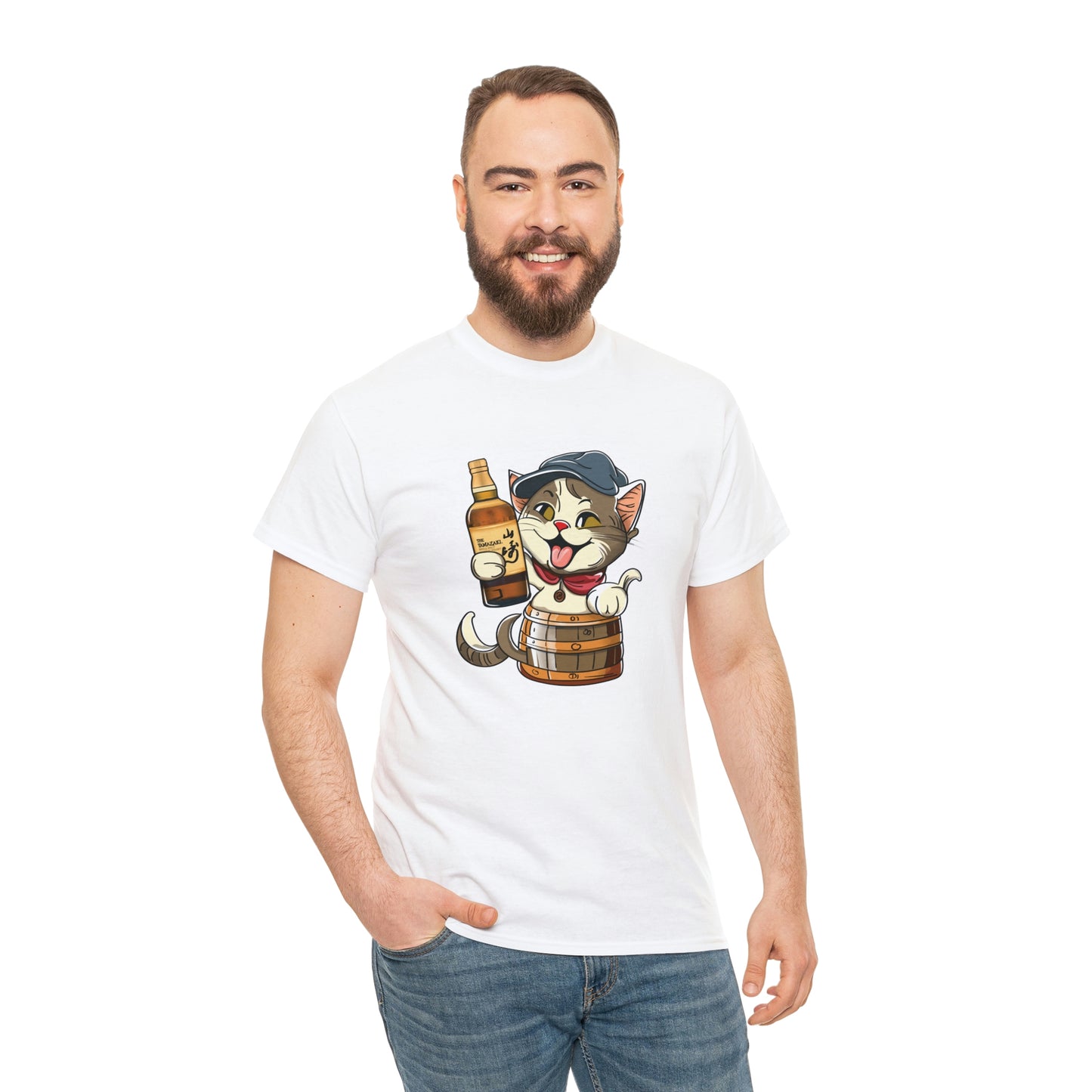 Cat in a Barrel and Yamazaki Whisky - Unisex Heavy Cotton Tee - White