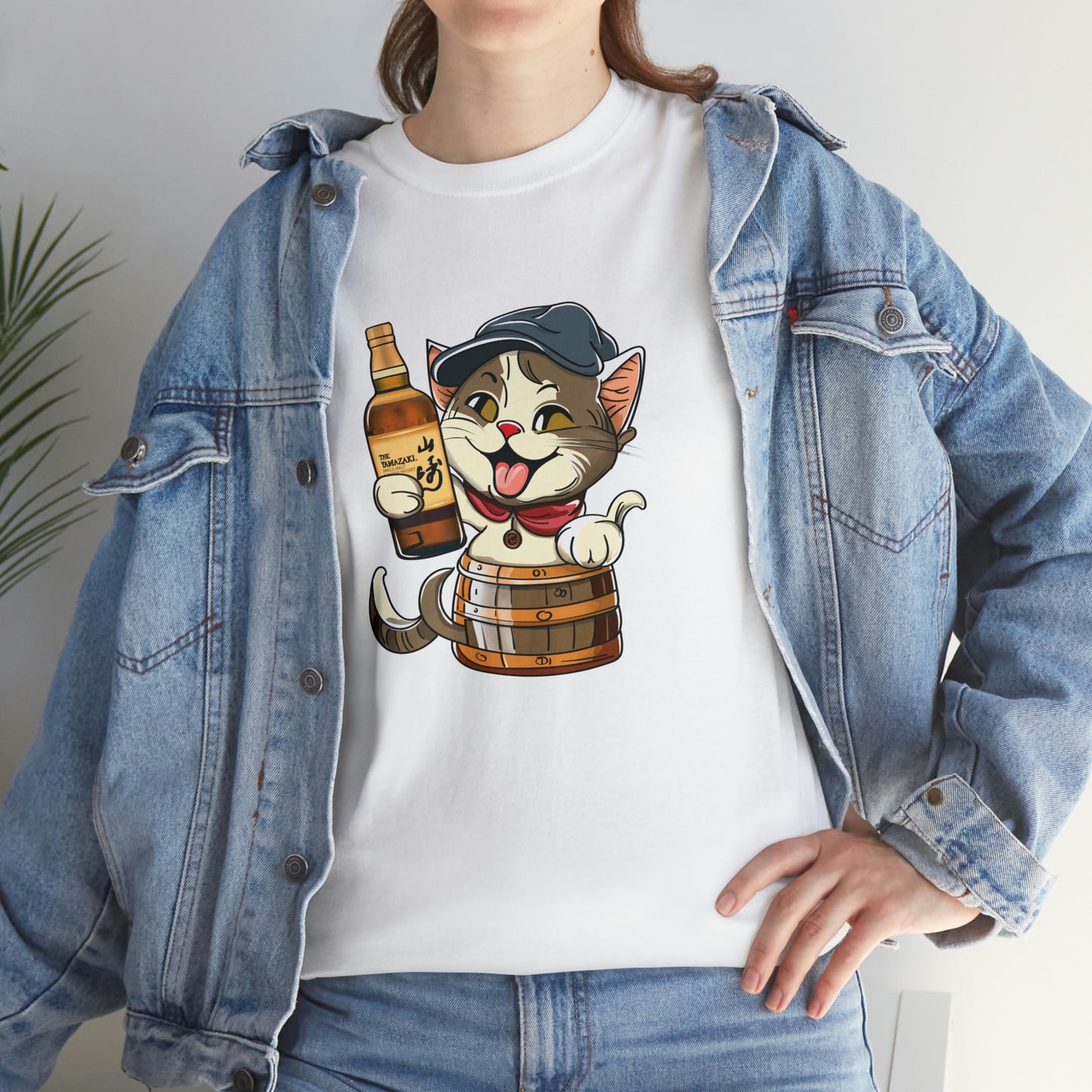 Cat in a Barrel and Yamazaki Whisky - Unisex Heavy Cotton Tee - White